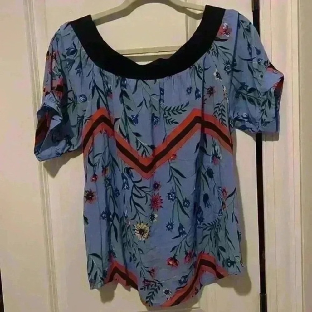 Juicy Couture Blue Floral Blouse with Black Neckline